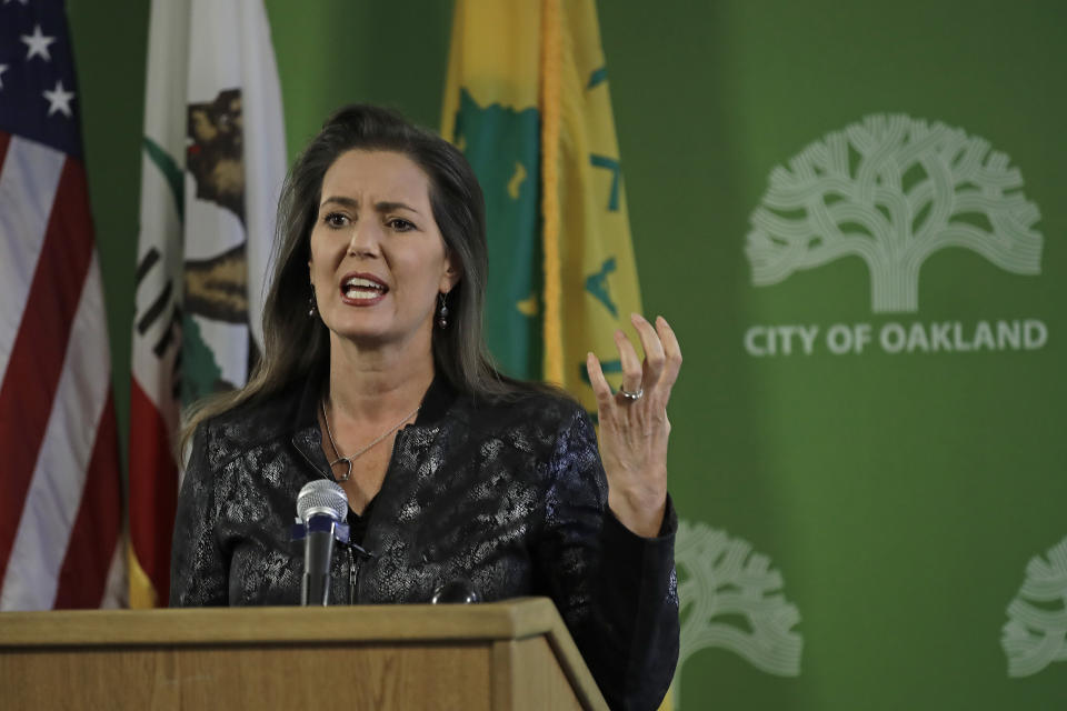 Oakland Mayor Libby Schaff gestures while speaking during a media conference on Wednesday, June 17, 2020, in Oakland, Calif. Schaff discussed the presence of ropes found at Lake Merritt. (AP Photo/Ben Margot)