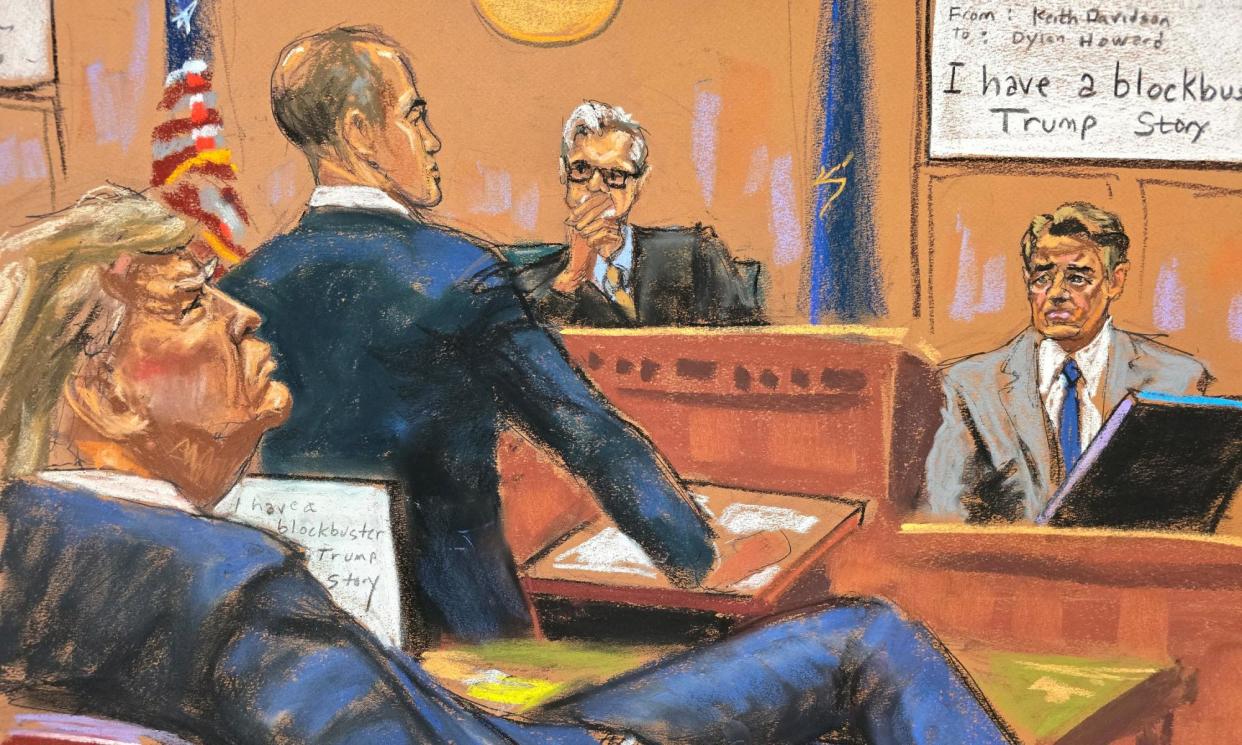 <span>A courtroom sketch of Donald Trump watching as Keith Davidson is cross-examined in New York City on 2 May. </span><span>Photograph: Jane Rosenberg/Reuters</span>