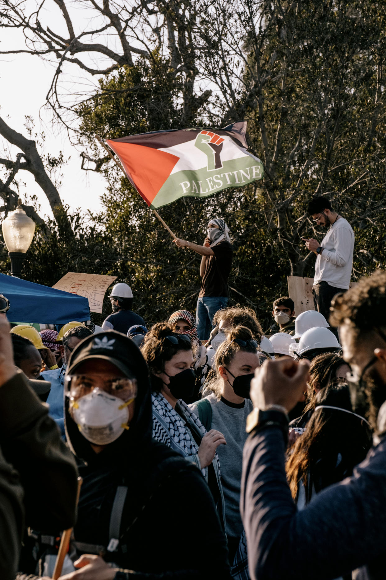 Pro-Palestinian protestors gather on the campus at University of California, Los Angeles on May 1, 2024. (Mark Abramson/The New York Times)