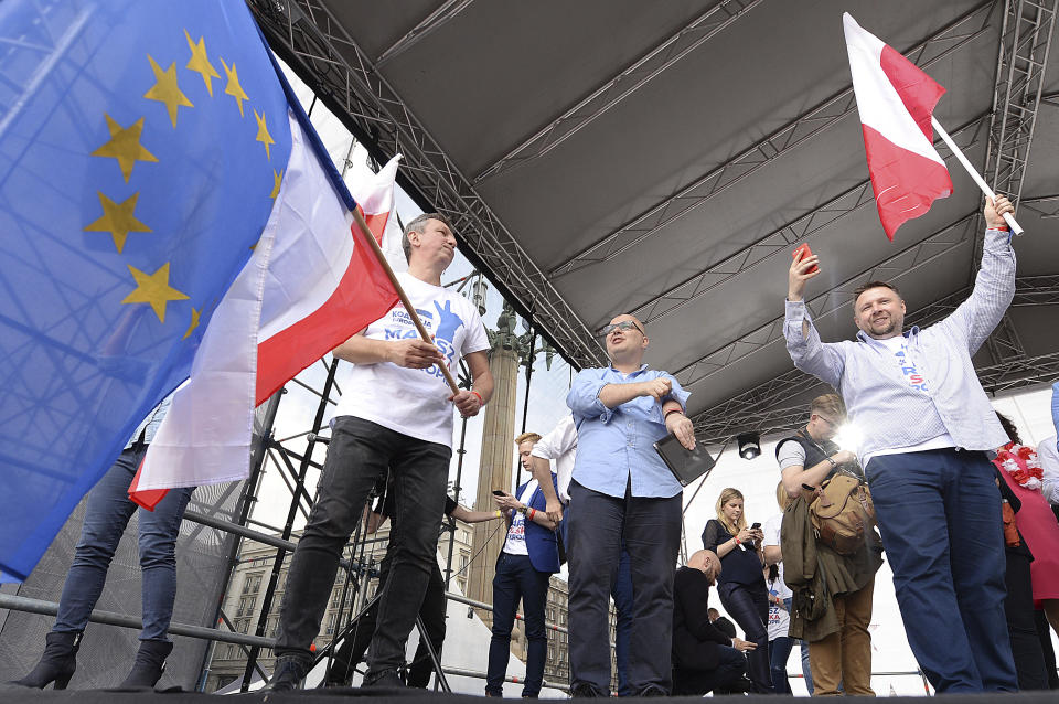 Thousands of Poles with pro-European banners march to celebrate Poland's 15 years in the EU and stressing the nation's attachment to the 28-member bloc ahead of May 26 key elections to the European Parliament, in Warsaw, Poland, Saturday, May 18, 2019.(AP Photo/Czarek Sokolowski)