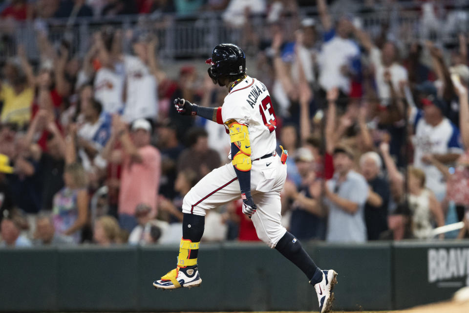 Atlanta Braves' Ronald Acuña Jr. runs on a home run against the St. Louis Cardinalsduring the sixth inning of a baseball game Thursday, Sept. 7, 2023, in Atlanta. (AP Photo/Hakim Wright Sr.)