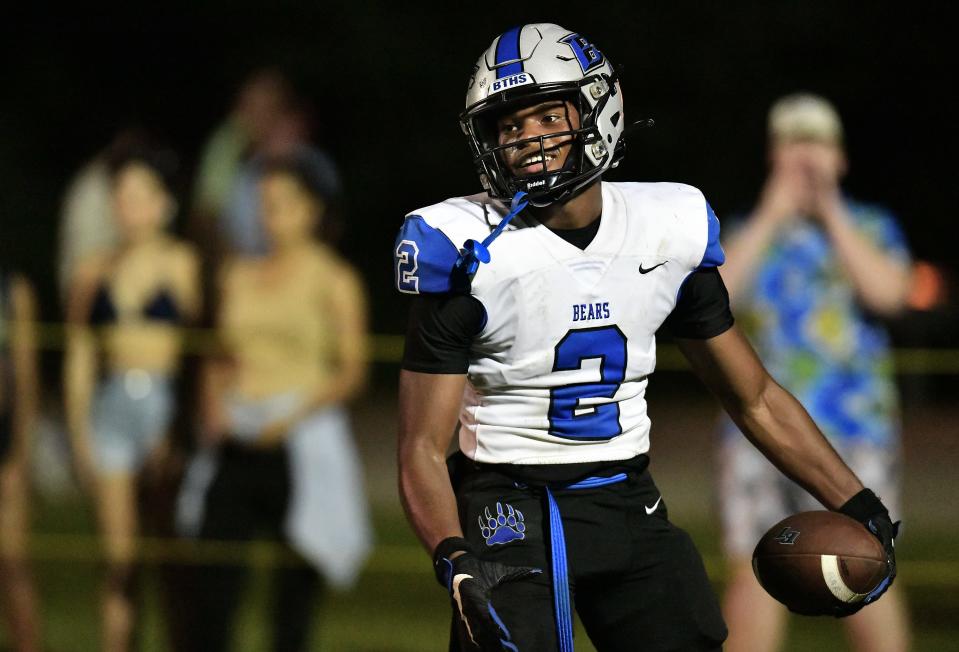 Bartram Trail's Arthur Lewis IV reacts after a touchdown against Fleming Island.