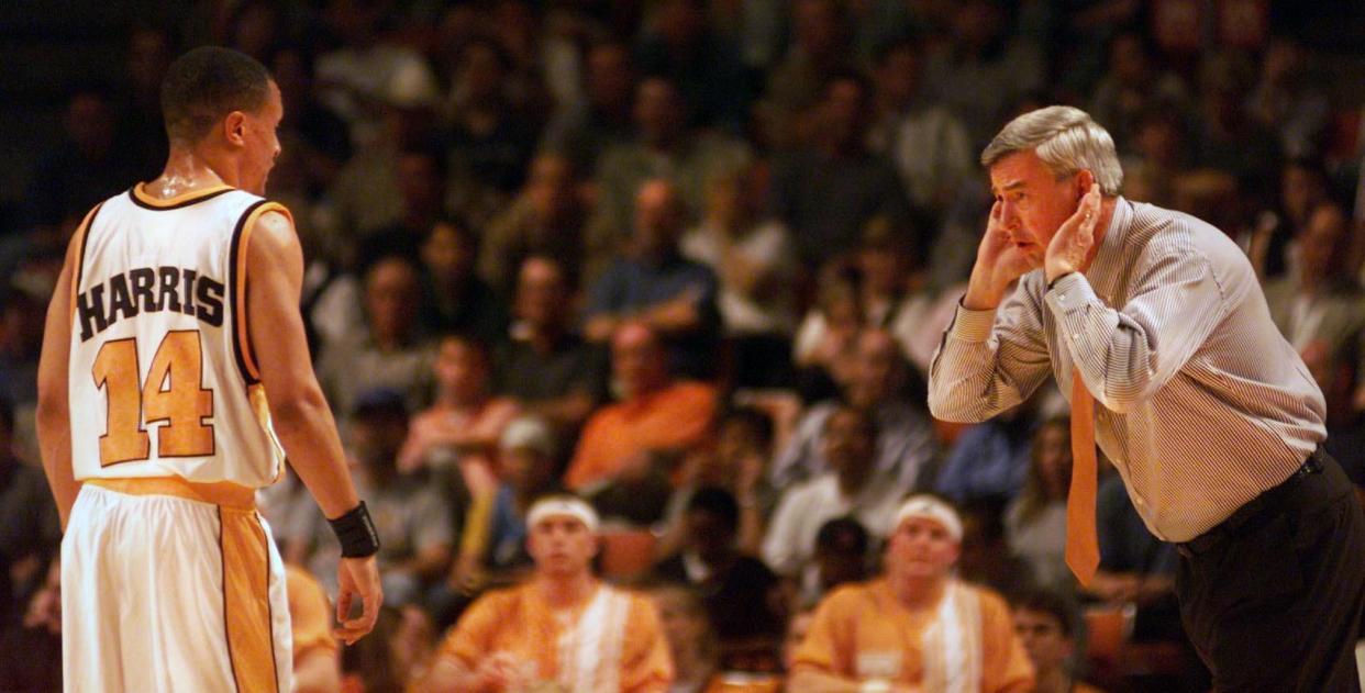 Tennessee coach Jerry Green and guard Tony Harris have a conversation in a game against North Carolina during the NCAA tournament South Regional on March 24, 2000, in Austin, Texas. North Carolina rallied past the Vols for a 74-69 victory.