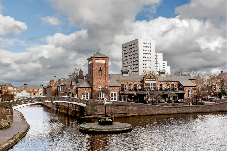 The Birmingham canal system with a roundabout where two canals meet in the Gas Street Basin.