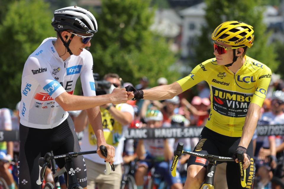 Rivals: Jonas Vingegaard may struggle to rival Tadej Pogacar for Tour de France glory this summer (AFP via Getty Images)