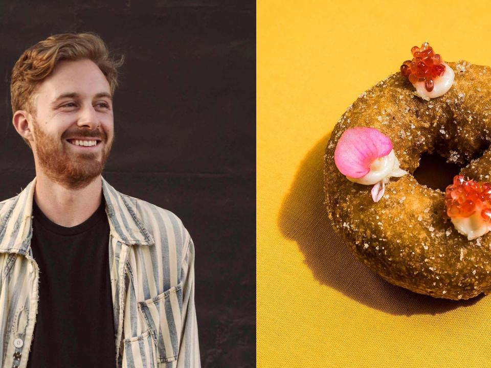 Nile Dreiling, the cofounder and chief executive of Holey Grail, poses for a photo alongside a photo of a doughnut topped with flower petals.