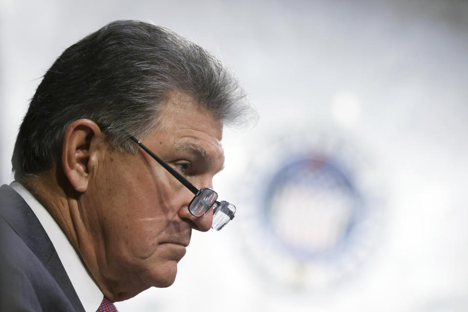 Sen. Joe Manchin, D-W.Va., listens during a Senate Appropriations committee hearing, Wednesday, May 12, 2021 on Capitol Hill in Washington. Democrats are trying to settle on a strategy for combating a wave of restrictive voting bills from Republican-controlled states. (Alex Wong/Pool via AP)