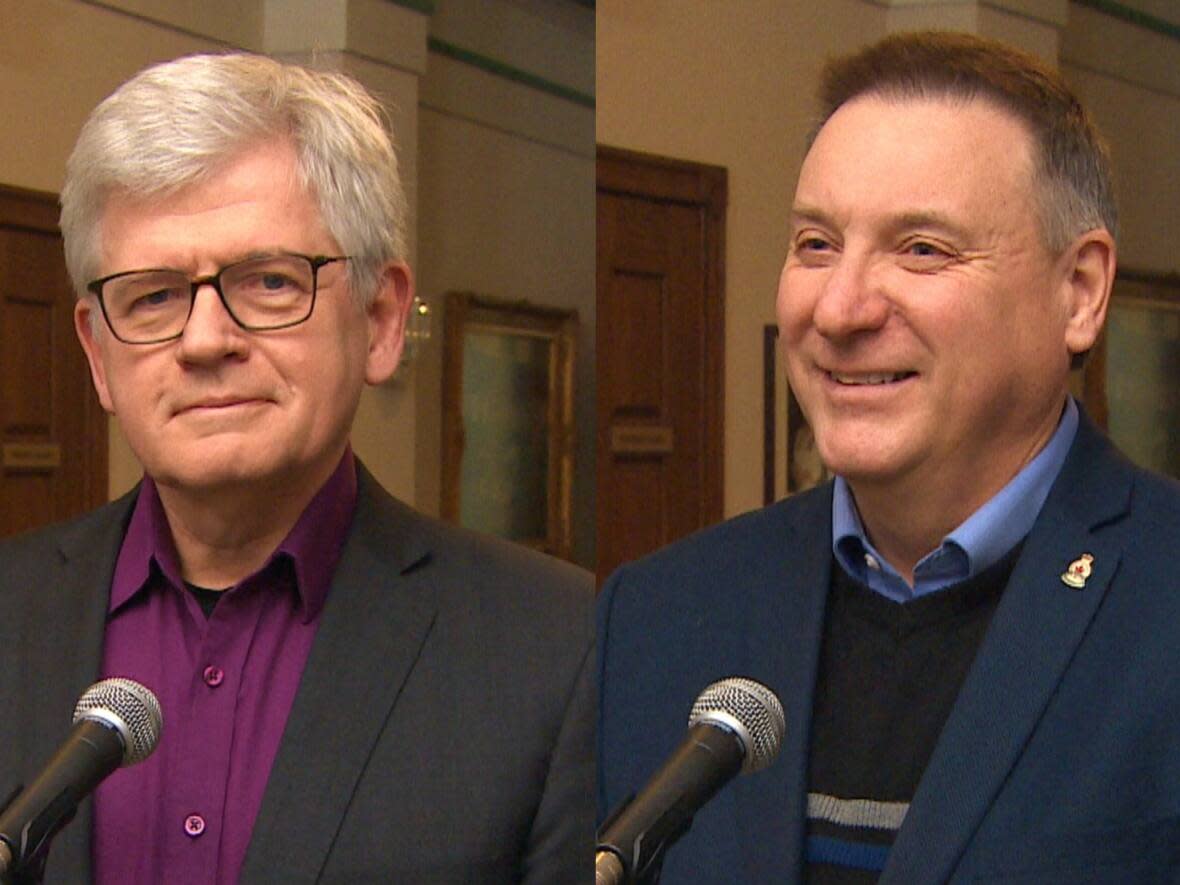 Interim NDP Leader Jim Dinn and interim PC Leader David Brazil speak with reporters about Ottawa's health-care proposal. (Ted Dilllon/CBC - image credit)