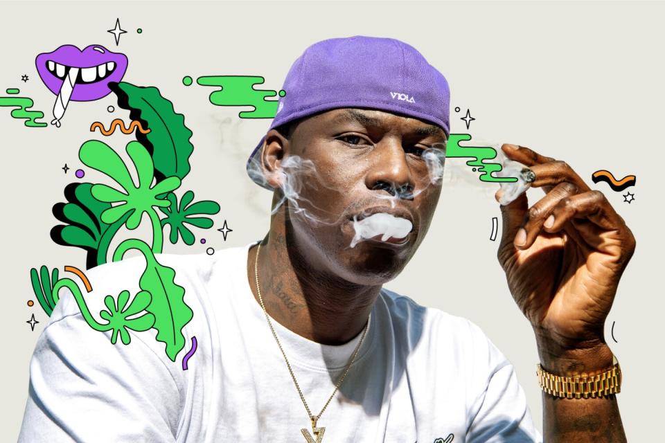 Al Harrington exhaling smoke with illustrations around him