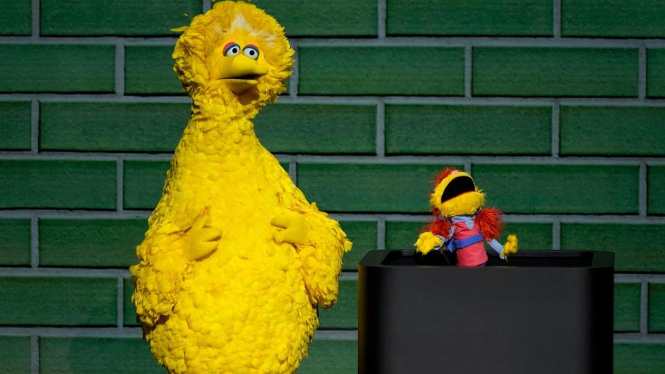 Mandatory Credit: Photo by Tony Avelar/AP/Shutterstock (10167440bw)Sesame Street's Big Bird and Cody perform at the Steve Jobs Theater during an event to announce new products, in Cupertino, CalifApple Streaming TV, Cupertino, USA - 25 Mar 2019.