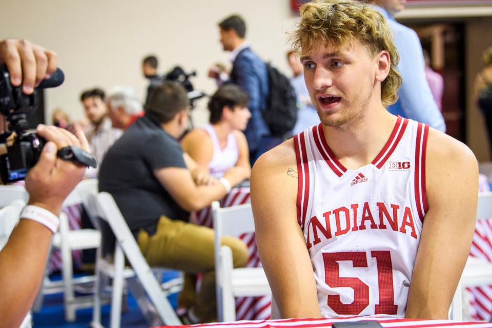 Indiana's Logan Duncomb answers questions from the media during the Indiana University basketball media day at Simon Skjodt Assembly Hall on Thursday, Sept. 22, 2022.