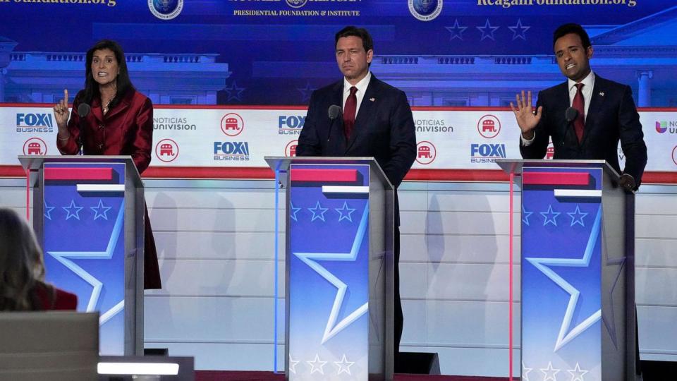 PHOTO: In this Sept. 27, 2023, file photo, former U.N. Ambassador Nikki Haley argues a point with Vivek Ramaswamy and Florida Gov. Ron DeSantis, during a Republican presidential primary debate in Simi Valley, Calif. (Mark J. Terrill/AP, FILE)