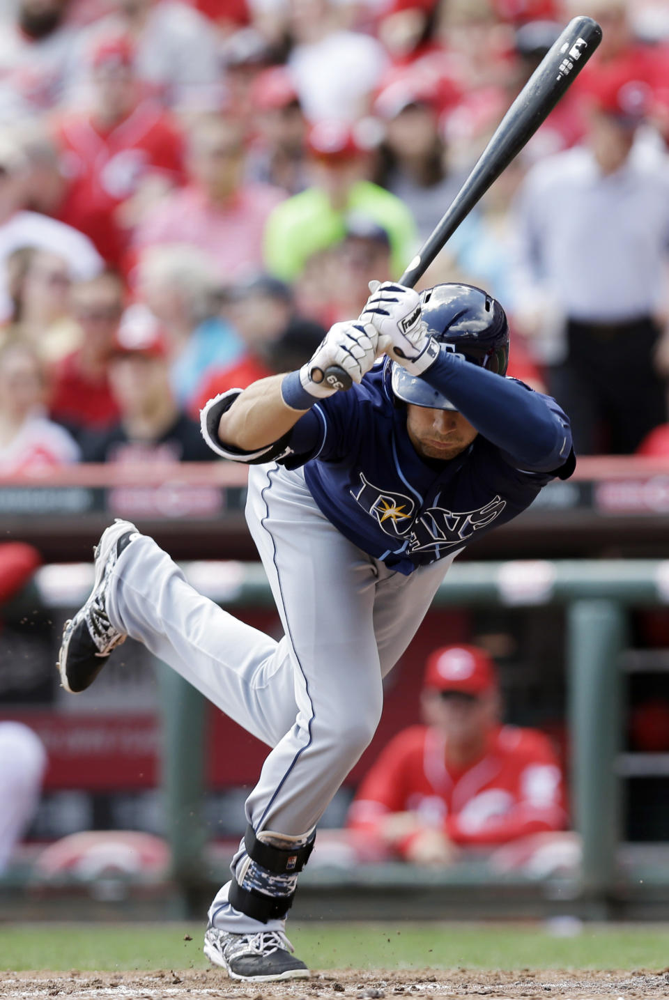 Tampa Bay Rays' Kevin Kiermaier avoids an inside pitch from Cincinnati Reds starting pitcher Alfredo Simon in the fourth inning of a baseball game, Saturday, April 12, 2014, in Cincinnati. (AP Photo/Al Behrman)