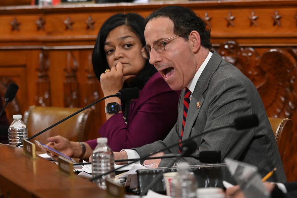 Rep. Pramila Jayapal, D-Wash., left, listens as Rep. Jamie Raskin, D-Md., speaks during the House Judiciary Committee markup of H.Res. 755, Articles of Impeachment Against President Donald J. Trump in Washington, DC on Dec. 12, 2019.