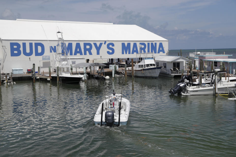A boat arrives at Bud N' Mary's marina in Islamorada, in the Florida Keys, during the new coronavirus pandemic, Monday, June 1, 2020. The Florida Keys reopened for visitors Monday after the tourist-dependent island chain was closed for more than two months to prevent the spread of the coronavirus. (AP Photo/Lynne Sladky)