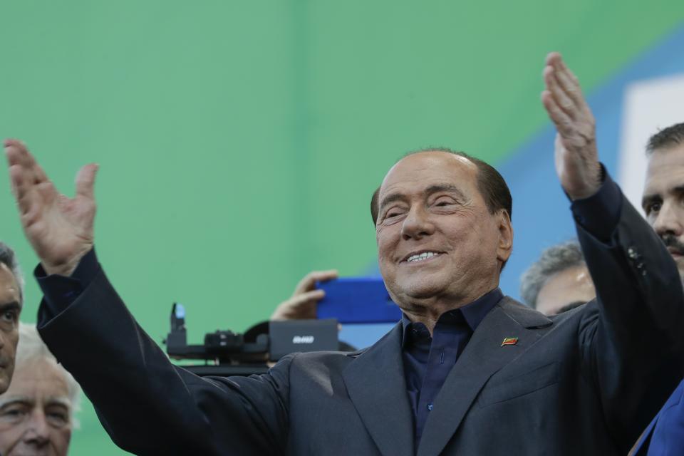 Silvio Berlusconi addresses a rally in Rome, Saturday, Oct. 19, 2019. Thousands of protesters are gathering in Rome for a so-called "Italian Pride" rally, which brings together the right-wing League of Salvini, the far-right Brothers of Italy of Giorgia Meloni and former premier Silvio Berlusconi's Forza Italia. (AP Photo/Andrew Medichini)