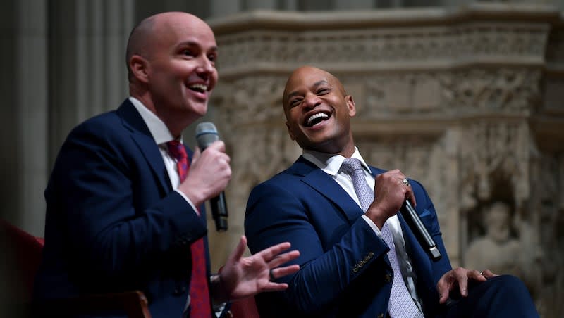 Republican Gov. Spencer Cox of Utah and Democratic Gov. Wes Moore of Maryland in Washington, D.C., on Feb. 21, 2024.