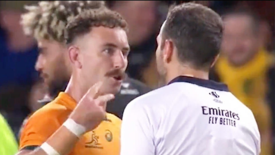 Seen here, Nic White giving French referee Mathieu Raynal an explosive spray after the contentious call that cost the Wallabies a Bledisloe Cup win against the All Blacks. 