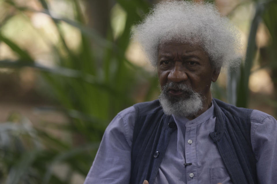 Nobel Laureate Wole Soyinka, speaks to The Associated Press during an interview at freedom park in Lagos, Nigeria, Thursday, Oct. 28, 2021. Wole Soyinka, Nigeria's Nobel-winning author, sees his country's many problems — misgoverning politicians, systemic corruption, violent extremists, and kidnapping bandits — yet he does not despair. At 87, he says Nigeria's youth may have the energy and the know-how to get the troubled country back on track. He says Nigeria needs a "brutal" soul-searching and a leader who will "take the bull by the horns" for things to improve. (AP Photo/Sunday Alamba)