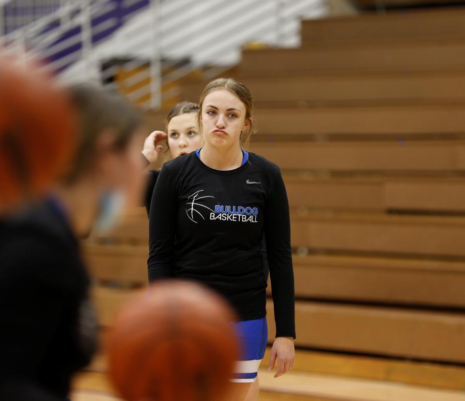 Centerville freshman Makenna Hartman makes a face during warmups before a game against Hagerstown Jan. 6, 2022.