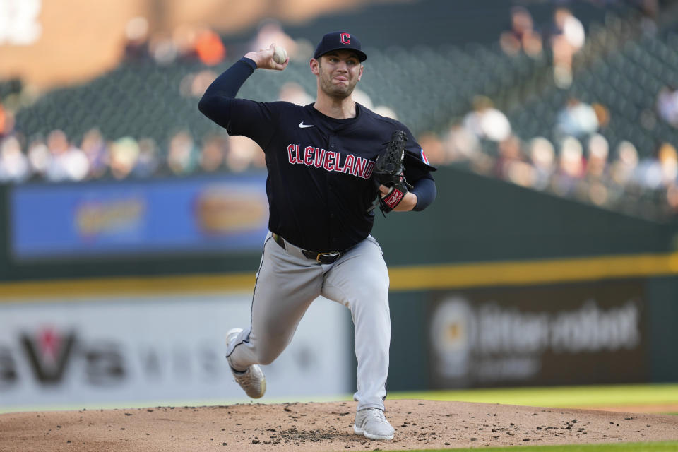 Cleveland Guardians pitcher Gavin Williams throws against the Detroit Tigers in the first inning of a baseball game, Monday, July 8, 2024, in Detroit. (AP Photo/Paul Sancya)