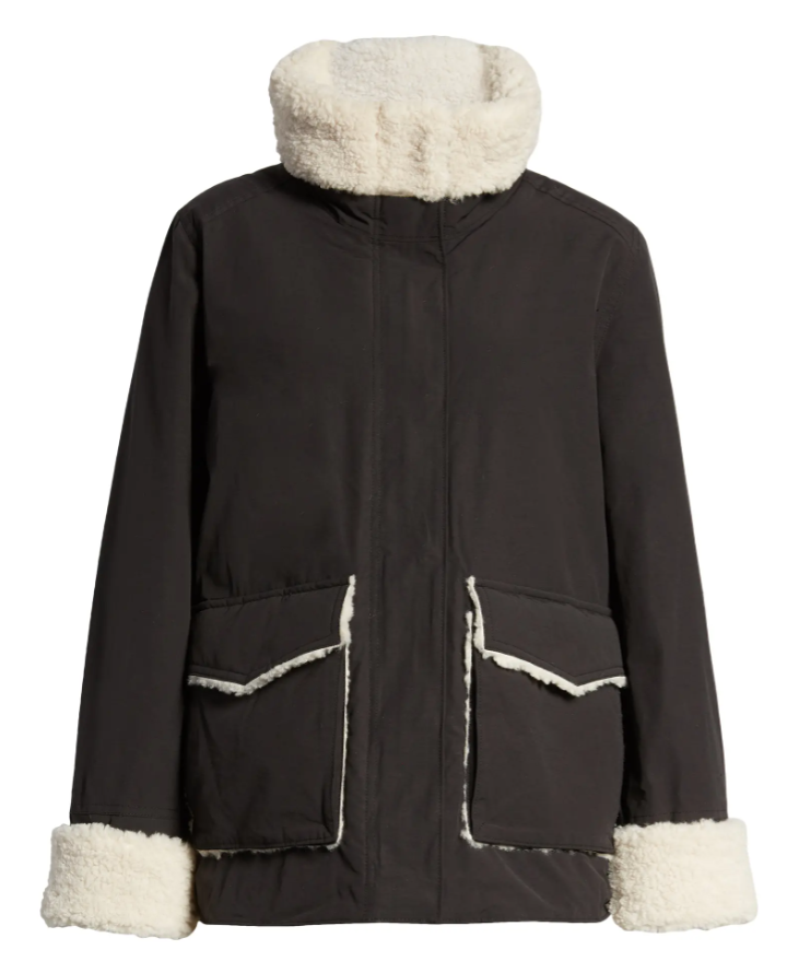 Thread & Supply Faux Shearling & Cotton Blend Barn Jacket in Black