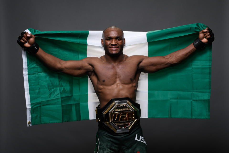 LAS VEGAS, NV - MARCH 02:  Kamaru Usman of Nigeria poses for a portrait backstage during the UFC 235 event at T-Mobile Arena on March 2, 2019 in Las Vegas, Nevada.  (Photo by Mike Roach/Zuffa LLC/Zuffa LLC)