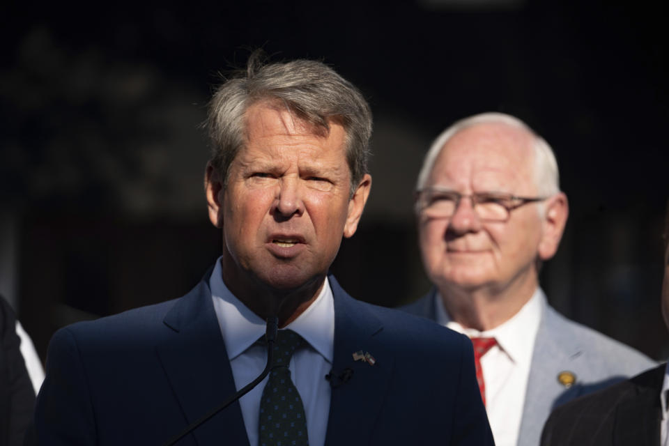 Georgia Gov. Brian Kemp speaks on Friday, July 29, 2022, in McDonough, Ga. (AP Photo/Megan Varner )