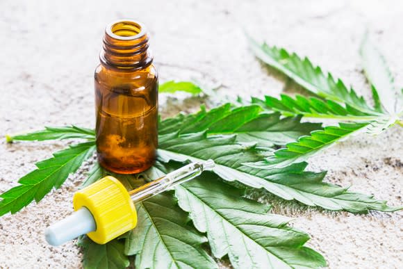 A medicine bottle and dropper on top of a marijuana leaf.