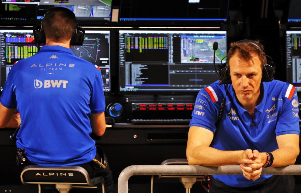 Alpine CEO Laurent Rossi looking downcast during testing. Bahrain March 2022. Credit: PA Images