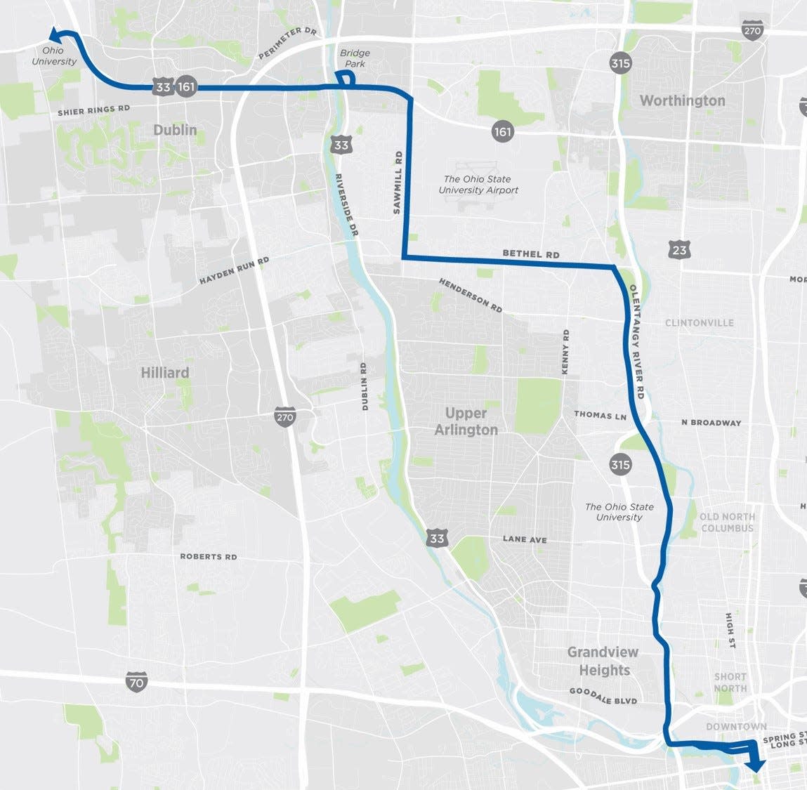 A map of the the Central Ohio Transit Authority's proposed Northwest Corridor, a fast-moving bus route that COTA hopes to develop between downtown Columbus and Dublin as part of the LinkUs initiative.
(Photo: COTA)