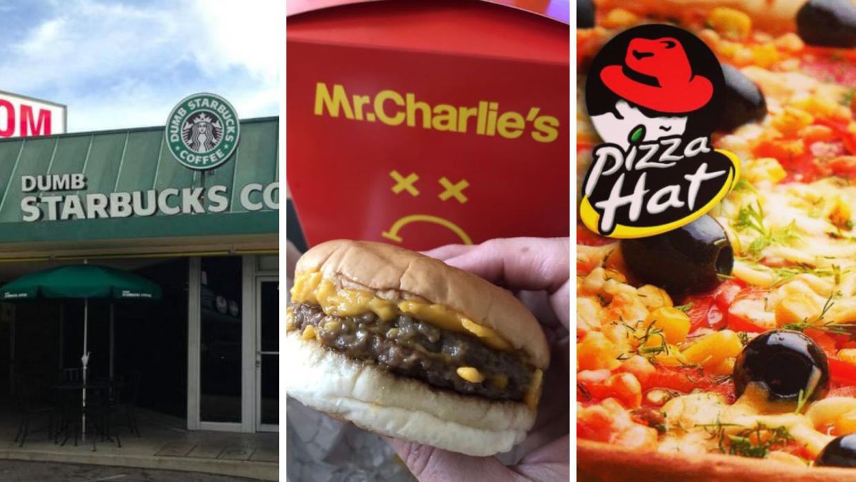 Fast Food restaurants inspired by bigger chains, including McTorta, McCharlies, and Dumb Starbucks