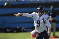 Chicago Bears quarterback Nick Foles (9) passes against the Carolina Panthers during the first half of an NFL football game in Charlotte, N.C., Sunday, Oct. 18, 2020. (AP Photo/Mike McCarn)