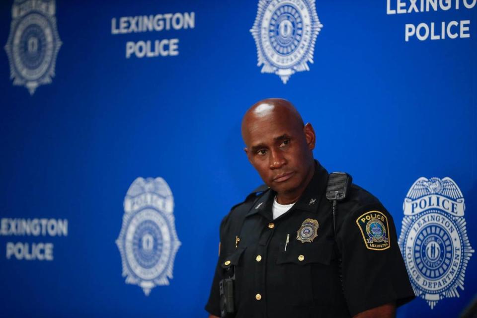 Lexington Chief of Police Lawrence Weathers speaks to reporters about a new Fusus video camera platform during a press conference at Lexington Police Headquarters in Lexington, Ky, Wednesday, August 23, 2023.