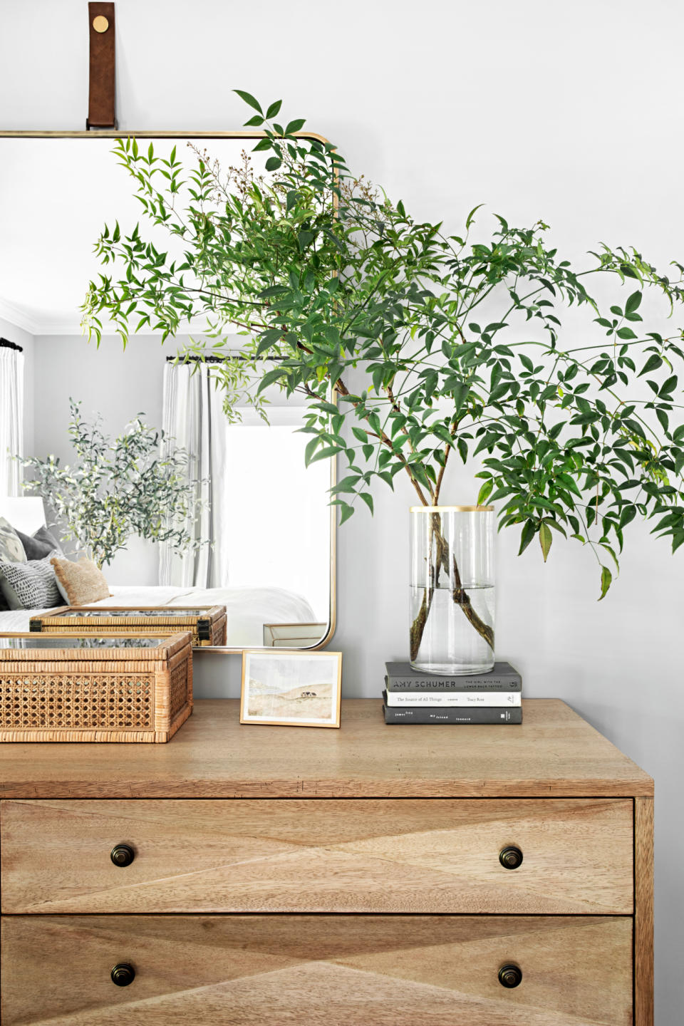 Close-up of wooden chest of drawers topped with a mirror, a small storage box, and green foliage in a clear glass vase