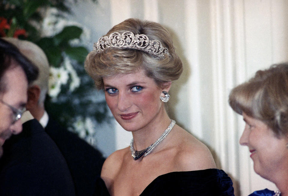 The Princess of Wales is pictured during an evening reception given by the West German President Richard von Weizsacker in honour of the British Royal guests in the Godesberg Redoute in Bonn, Germany on Monday, Nov. 2, 1987. (AP Photo/Herman Knippertz)