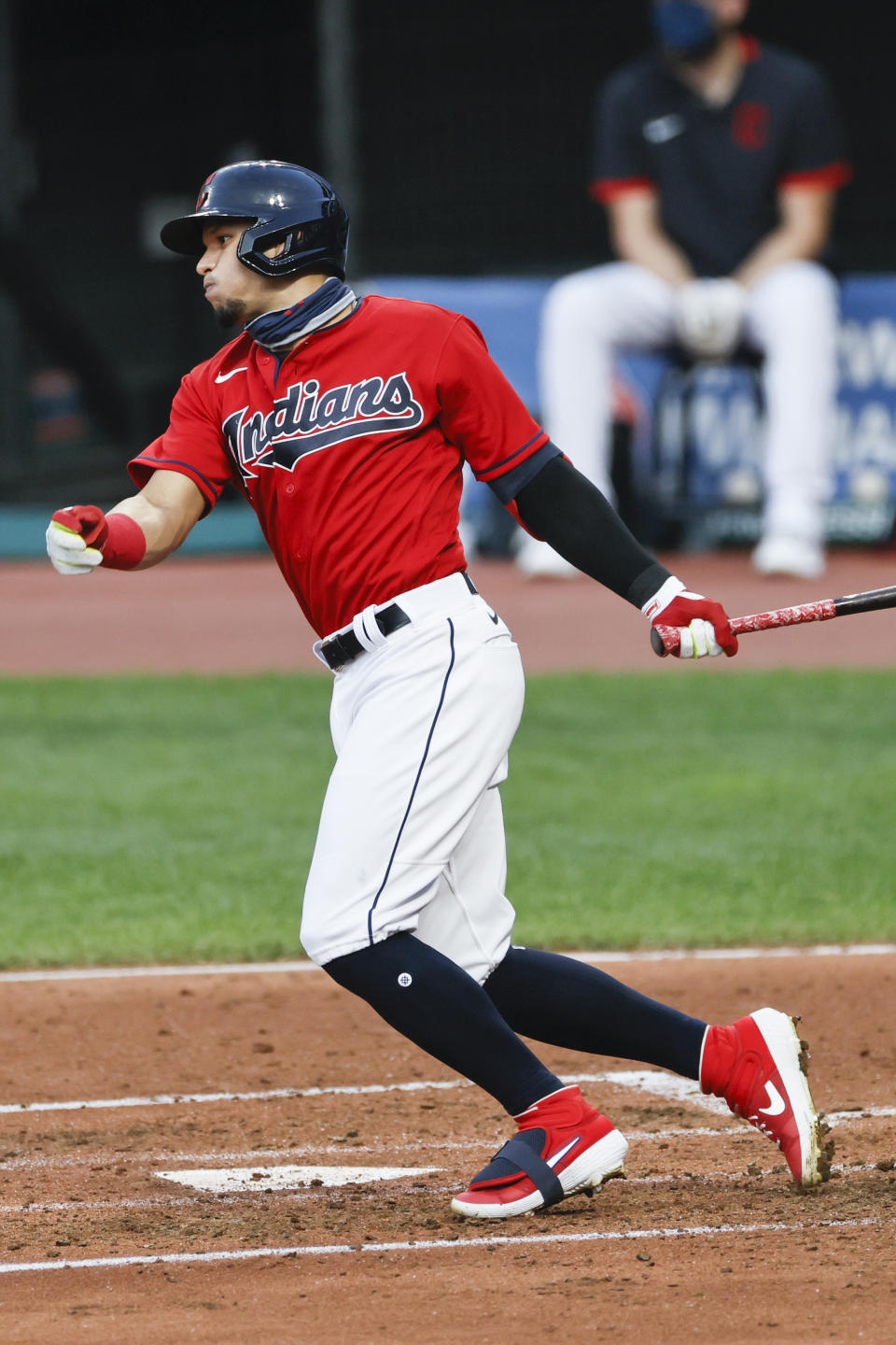 Cleveland Indians' Cesar Hernandez hits a single off Detroit Tigers starting pitcher Matthew Boyd during the third inning of a baseball game, Saturday, Aug. 22, 2020, in Cleveland. (AP Photo/Ron Schwane)