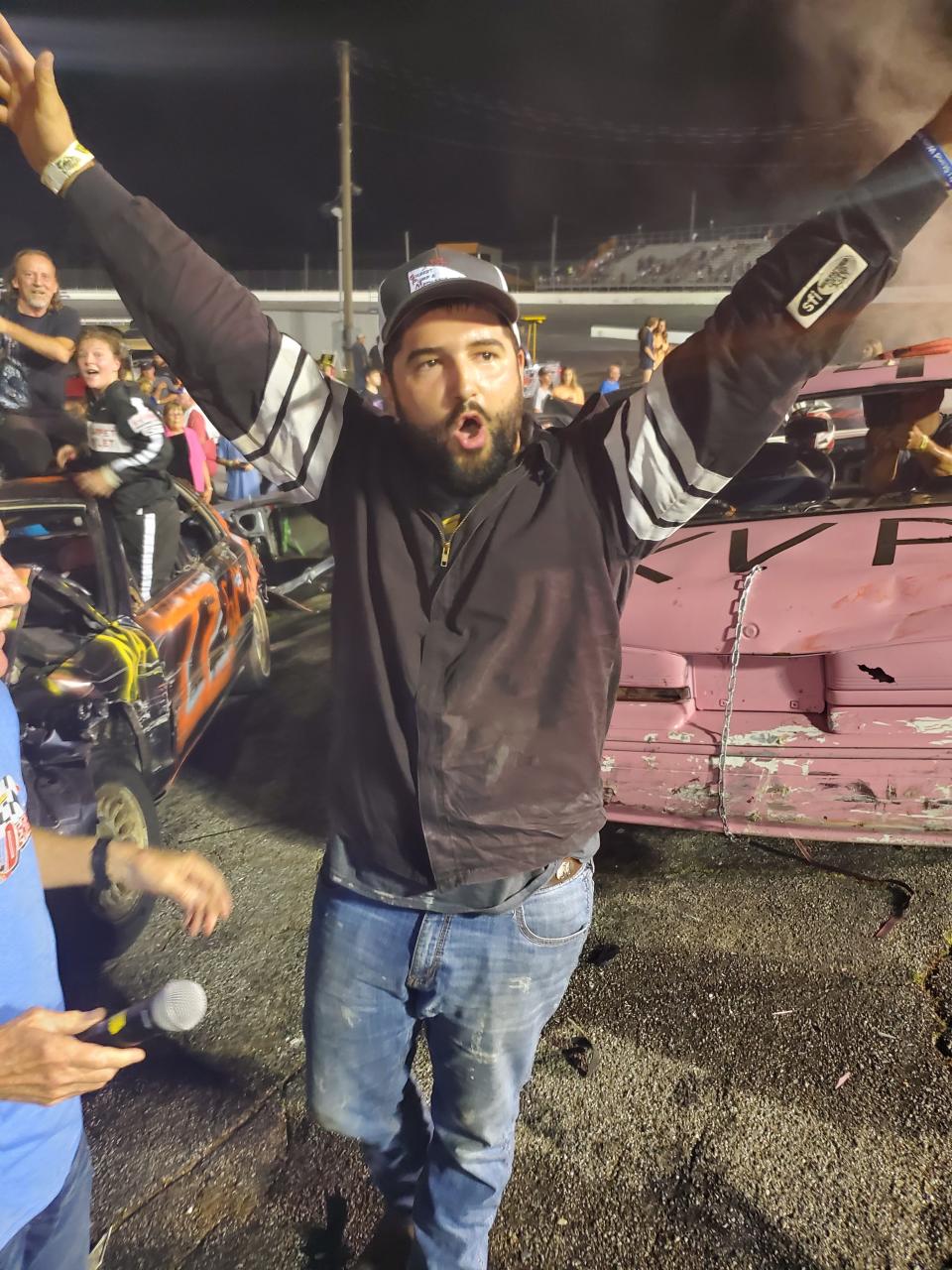 Milton's Dylan Merritt celebrates after winning the Demolition Derby at 5 Flags Speedway on Aug. 6, 2021.