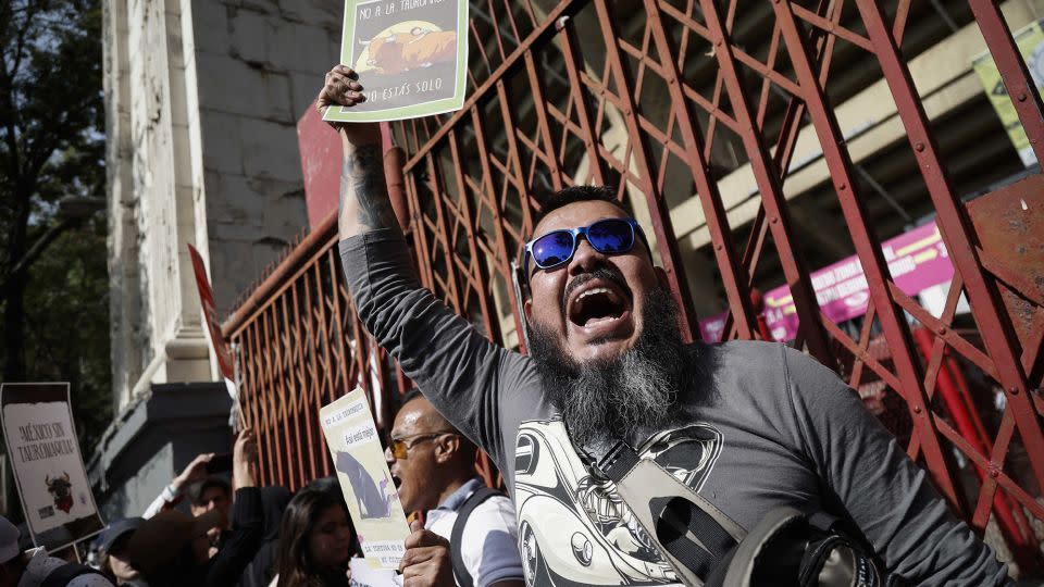 Protesters outside the bullring on Sunday - Rodrigo Oropeza/AFP/Getty Images