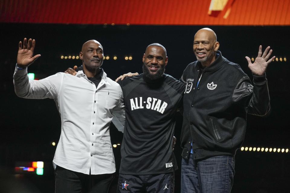 The top three all-time leading NBA scorers, from left, Karl Malone (No. 3), LeBron James (No. 1) and Kareem Abdul-Jabbar (No. 2), are seen during halftime of the NBA All-Star Game on Feb. 19, 2023, in Salt Lake City. (AP Photo/Rick Bowmer)