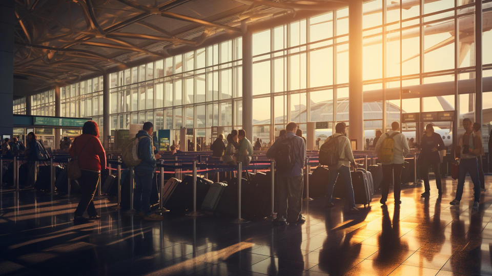 A busy airport terminal with travelers queuing up for flights, revealing the sheer volumes of travelers served by the company.