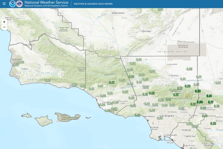 Overnight rainfall totals across Southern California on Sept. 1-2, 2023. (National Weather Service)