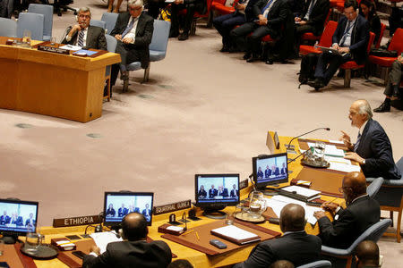 Syria's Ambassador to the United Nations Bashar Jaafari addresses the United Nations Security Council meeting on Syria at the U.N. headquarters in New York, U.S., April 9, 2018. REUTERS/Brendan McDermid