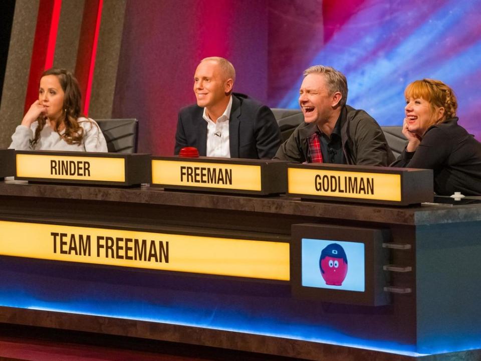 Kerry Godliman, right, with Luisa Omielan, Robert Rinder and Martin Freeman on ‘Comic Relief Does University Challenge’ (Ben Blackall/BBC)