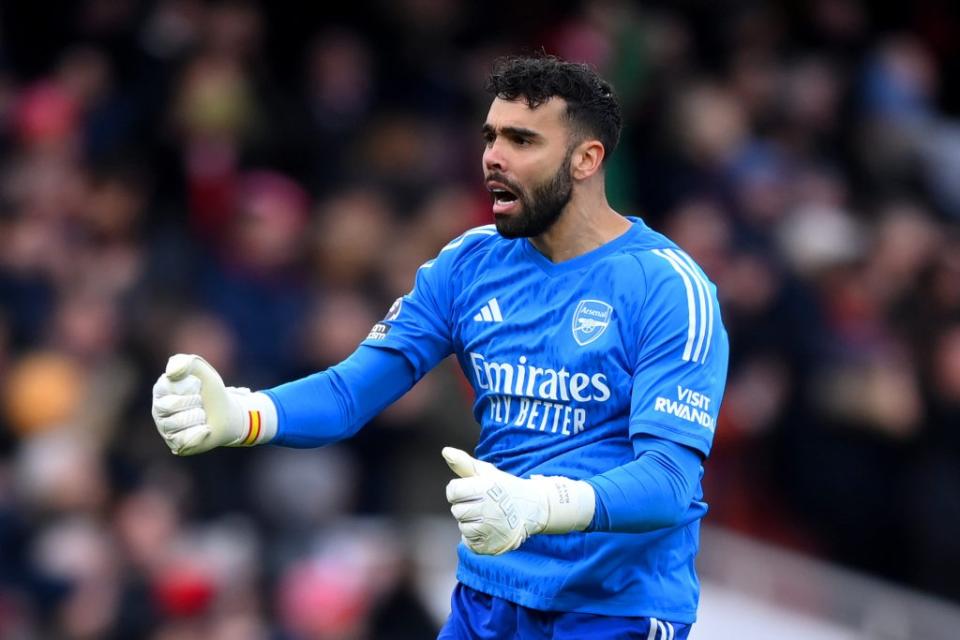 LONDON, ENGLAND - JANUARY 20: David Raya of Arsenal celebrates after teammate Gabriel Martinelli scores his team's fourth goal during the Premier League match between Arsenal FC and Crystal Palace at Emirates Stadium on January 20, 2024 in London, England. (Photo by Justin Setterfield/Getty Images)