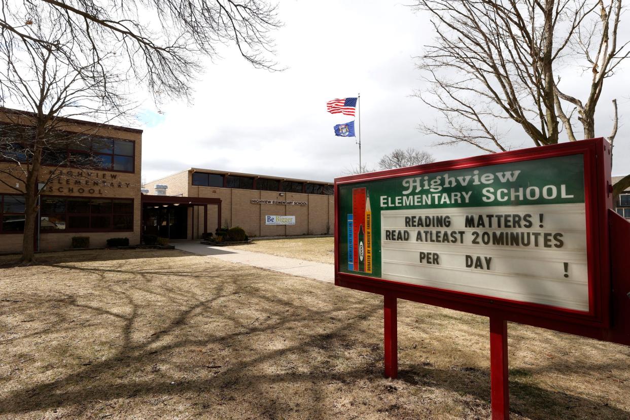The front of Highview Elementary in the Crestwood School District in Dearborn Heights on Friday, March 17, 2023. The school district is in the middle of spending more than $6 million in COVID-19 relief funds to build new classrooms.