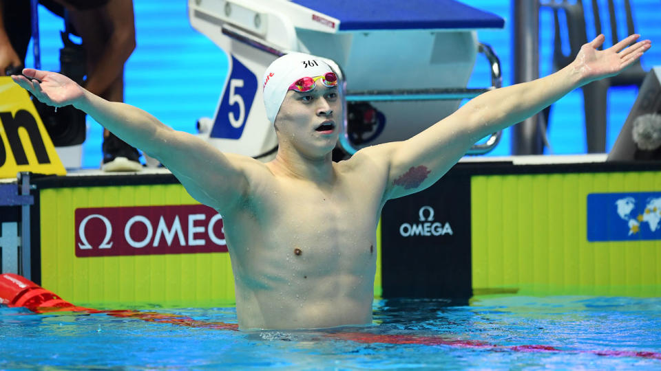 Sun Yang refused to tone down his celebrations despite winning after a rival's disqualification. Pic: Getty