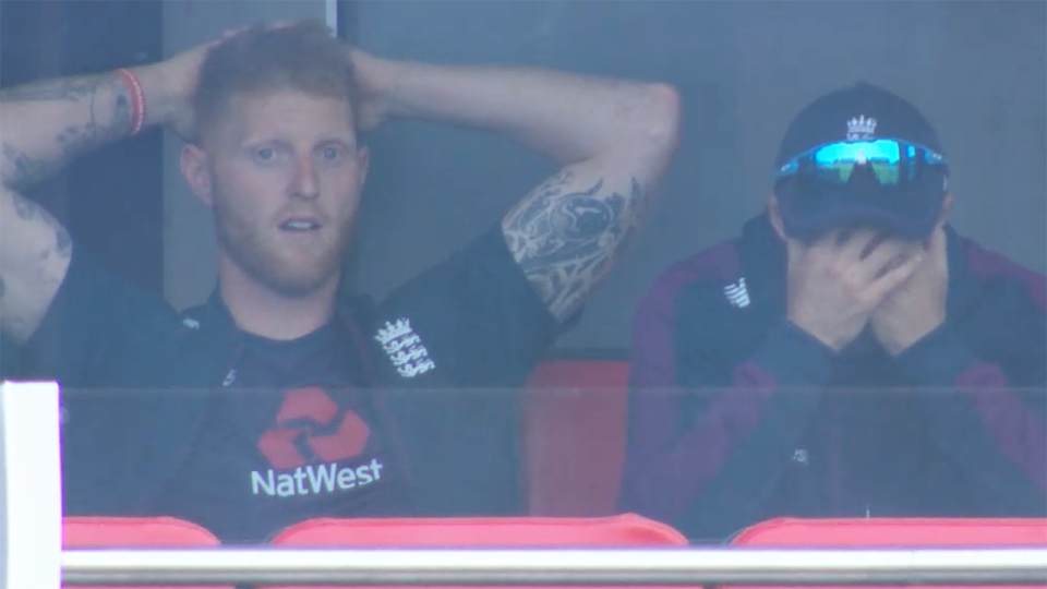 Ben Stokes and Joe Root, pictured here reacting to the umpiring farce.
