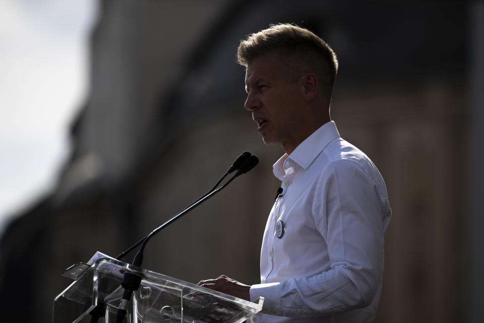 Péter Magyar, a rising challenger to Hungarian Prime Minister Viktor Orbán, addresses people at a campaign rally in the rural city of Debrecen, Hungary, on Sunday, May 5, 2024. Magyar, whose TISZA party is running in European Union elections, has managed to mobilize large crowds of supporters on a campaign tour of Hungary's heartland, a rarity for an Orbán opponent. (AP Photo/Denes Erdos)