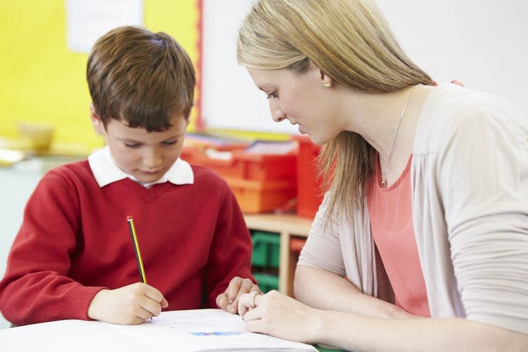 Teacher helping child with work